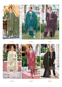 El traje de diseñador Evergreen más elegante, traje Salwar de seda Chinon de estilo moderno y Dupatta con bordado, fabricante de India - Product Image 6