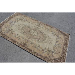 Alfombra turca Vintage Beige Marrón 3,7 X 6.8ft Lana hecha a mano Área grande Diseño de retazos Rectangular Pasillo Látex para decoración de habitación - Product Image 2