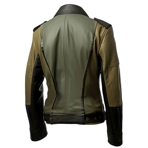 Chaqueta de Motociclista Personalizada, Elegante, con Cierre, Ajustada, de Cuero Vacuno Genuino, Color Verde Oliva y Negro, con Cuello de Piel, para Invierno - Product Image 2