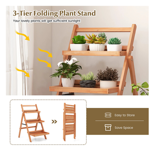 Support de plantes en bois d'acacia, étagère pour pot de fleurs, intérieur/extérieur, 3 niveaux, écologique, durable, léger, moderne, élégant - Product Image 3