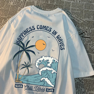 Happiness Comes In Waves Imprimé T-shirt unisexe ample et décontracté, motif créatif, pour couple - Product Image 4