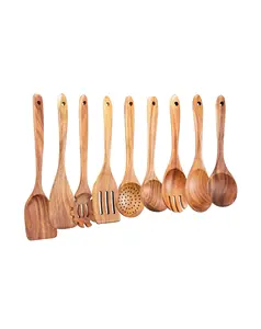 Wooden Kitchen Utensils Set 9 PCE Natural Teak Wooden Spoons For Non-stick Pan for Cooking