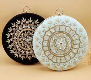 Handmade Custom Round Shape Clutch for Wedding Luxury Fashion Embroidered Clutch Bag in Crystal <b>Fabric</b> Silk with Frame Pattern - Product Image 1
