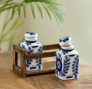 เหยือกและภาชนะใส่ของอเนกประสงค์ลายดอกไม้ mughal เซรามิกพร้อมชุดที่วางไม้2ชิ้นแบบสุญญากาศ - Product Image 2