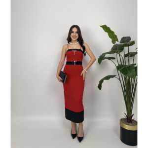 Vestido Satinado Aks 2079 con Adorno de Lazo y Tirantes, Silueta Ajustada, Cintura Natural - Product Image 2