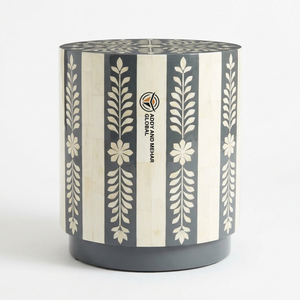 All New Modern Handcrafted Bone Inlay <b>Round</b> Side <b>Table</b> Grey and <b>White</b> Floral Vine Pattern End <b>Table</b> Luxury Bone Inlay Coffee Tab - Product Image 1