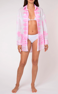 Collection de garde-robe pour femmes par temps plus chaud chemise blanche en rose néon Dhaka imprimé Boho Lady Instant Beach Style robe chemise dissimulée - Product Image 4