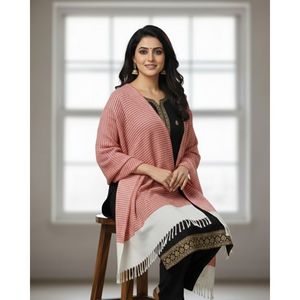 Women's Winter Warm Eco-Friendly Long Woolen Peach Color Striped Elegant Winter <b>Wrap</b> Shawl - Product Image 6