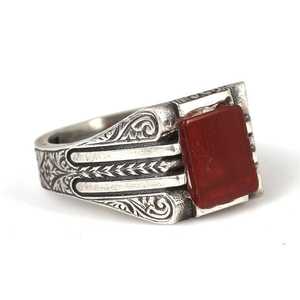 Bague pour homme en argent sterling 925 avec pierre d'agate rectangulaire, motif géométrique vintage, sertissage clos, finition platine, pour un usage quotidien - Product Image 2