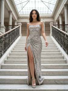 Expédition rapide, stock disponible, robe de soirée moderne pour femmes, sans bretelles, style sirène, robe longue formelle, bordeaux, vert, argent - Product Image 5