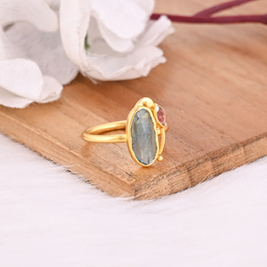 Natural Tourmaline Gemstone Solid 925 Sterling <b>Silver</b> Yellow Gold Plated <b>Statement</b> <b>Ring</b> Gift For Her Wedding Engagement Gift - Product Image 2
