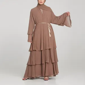 2023 all'ingrosso personalizzato islamico tinta unita moda manica lunga abito solido a strati aperto Abaya per le donne