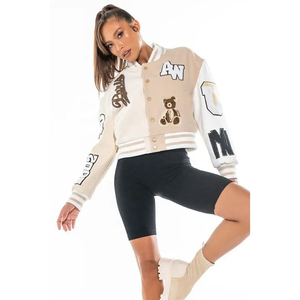 Chất lượng tốt nhất của phụ nữ XL Varsity Áo khoác len vải dệt kim thêu da tay áo da cừu dài Chenille vá chữ - Product Image 5