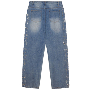 Jean en denim vintage pour homme, coupe baggy, style streetwear personnalisé, avec fermeture éclair, clous métalliques, strass et délavé effet cristal - Product Image 4