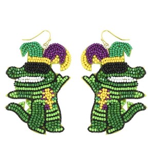 Pendientes de cuentas de Mardi Gras hechos a mano, joyería llamativa verde púrpura y dorada para mujer, pendientes de moda para fiesta - Product Image 3