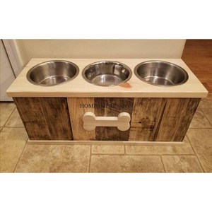 Mangeoire double en bois de luxe pour animaux de compagnie avec bols en métal argenté Station d'alimentation surélevée pour chiens et chats Designer moderne Nourriture et eau pour animaux de compagnie - Product Image 6