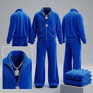 Ensemble de survêtement deux pièces en velours bleu roi pour homme, avec bas évasé, orné de cristaux, fermeture à cordon, imprimé uni, vente en gros - Product Image 2