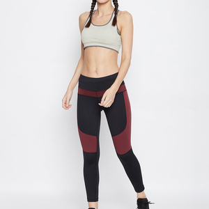 Leggings de yoga taille haute bicolores, longueur intégrale, en Spandex et Nylon, extensibles dans les quatre sens, avec design à surpiqûres contrastées - Product Image 5
