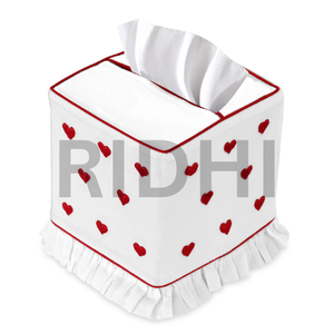 Ridhi <b>Red</b> Heart Embroidery Ruffle Tissue Box Cover Hand Block Printed Classic Durable <b>Napkin</b> Holder Eco-Friendly Home Hotel - Product Image 1