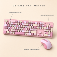 Ensemble clavier et souris sans fil USB rétro haut de gamme, touches rondes silencieuses, ultra-minces et ergonomiques, pour femmes, filles et enfants