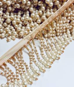 Cream Round Pearls, Rose <b>Gold</b> Seed Beaded Lace Trim Sew-on, Saree Tassel, Bridal <b>belts</b>, Wedding <b>Dress</b>, Lamp Shade - Product Image 4