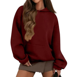 Women's Casual Solid Color Long Sleeve Hooded Pullover Loose Fit Kangaroo Pocket 100% Cotton Fleece Winter Hoodie - Product Image 1