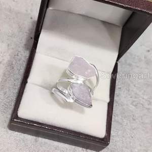 Bague pour femme en argent sterling 925, pierre précieuse en quartz rose naturel, pierre de naissance d'avril, double pierre, bijoux faits à la main pour Noël - Product Image 2
