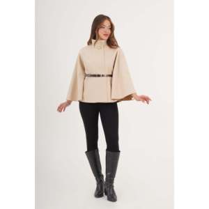 Wholesale Cream <b>Poncho</b> <b>for</b> <b>Women</b> Belt Detail Single Button Trench Coat - Product Image 4