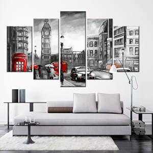 Stylish Red Big Ben Abstract Cityscape Canvas Art Print,5P Mix:Gallery <b>Wrap</b> - Product Image 1