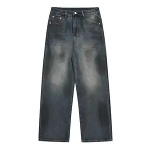 Logo kustom celana Jin Solid longgar pria wanita kaki lebar dicuci celana Denim biru celana Jeans Skate longgar lurus pertengahan pinggang
