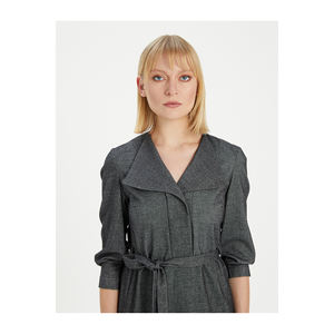 Vestido Midi de Mezcla de Viscosa con Doble Bolsillo, Manga Larga, Cuello de Vestir y Detalles de Cinturón para Mujeres Profesionales - Product Image 2