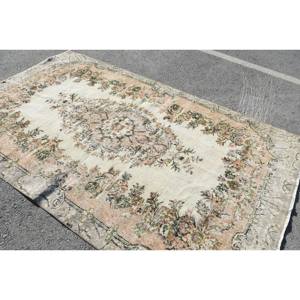 Alfombra de lana blanca Vintage de 5,6x9 pies, patrón de retales de tejido plano turco, alfombra para sala de estar con respaldo de látex - Product Image 2