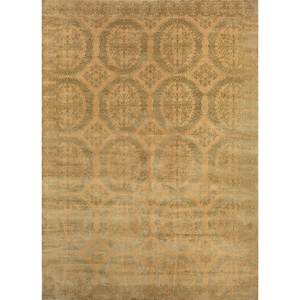 Alfombra de Lana y Yute Anudada a Mano Far East Gold, Rectangular Grande con Medallón y Patrón Abstracto para Hogar, Dormitorio, Pasillo - Pae-5493 - Product Image 1