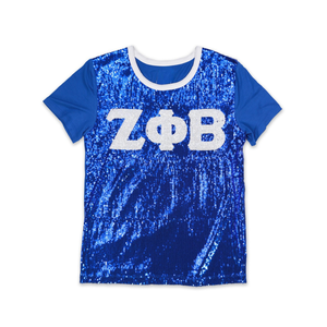 100 algodón Zeta Phi Beta hermandad lentejuelas bordadas letras griegas camiseta azul real brillo griego vida ropa moda camisa - Product Image 1