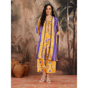 Conjunto de Dos Piezas para Mujer, Top Amarillo Estampado de Satén y Pantalones Palazzo, Talla XS, Manga Tres Cuartos, para Primavera/Verano - Product Image 1