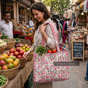 Bolso Tote de Algodón Acolchado con Estampado a Mano de Jaipur, Grande, Rosa Floral, Bolso de Playa para Mujer - Product Image 3