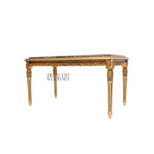Table basse rectangulaire de luxe avec plateau en marbre brun foncé et cadre sculpté à la main en feuille d'or pour salon classique - Product Image 3