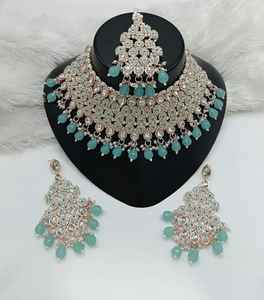 Gold Plated Zircon Kundan <b>Bridal</b> Jewelry Set Choker Necklace <b>Drop</b> <b>Earrings</b> Tikka High Quality Party Engagement Anniversary - Product Image 1