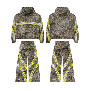 Pantalon de survêtement évasé à quatre rayures imprimé d'arbres de grande taille 400gsm personnalisé et ensembles de survêtement à capuche en U à fermeture éclair complète - Product Image 6