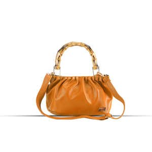 Sac à main en cuir PU froncé jaune moutarde avec poignée en bambou, petit sac fourre-tout en cuir végétalien pour femme, usage quotidien et fête - Product Image 6