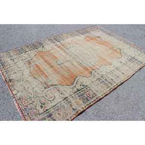 Alfombra Turca de 5.9x9 pies, Alfombra Grande Vintage, Alfombra Sólida Naranja y Azul - Product Image 2