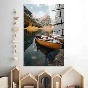 Tableau imprimé sur toile : photographie de nature, montagne, lac, bateau, décoration bohème, ART SUR VERRE TÉRMÉRISÉ - Product Image 1