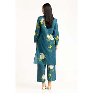 Ensemble coordonné imprimé jacquard en viscose vert sarcelle pour femme, collection printemps/été, taille XS, col ras du cou, tenue deux pièces trois-quarts en crêpe - Product Image 6