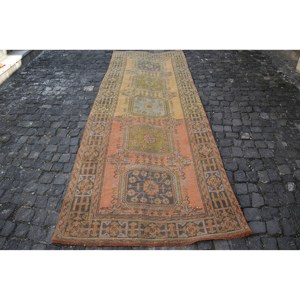 Tapis Turc Vintage 4.3ft X 11.9ft Classique Orange Jaune Patchwork Design Laine Latex Grande Zone pour Couloir Rectangle Zone - Product Image 1