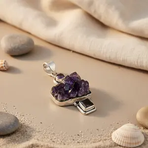 Women's Trendy <b>Silver</b> & Rose Gold Amethyst <b>Pendant</b> <b>Necklace</b> with Diamond & Pearl 18K Gold Rhodium Plated Gemstone Jewelry - Product Image 2