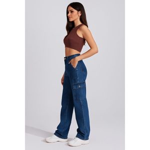 กางเกงยีนส์เอวสูงสีน้ำเงินเข้มสำหรับผู้หญิง OSCA INTERNATIONAL ผ้าฝ้าย 100% แต่งขอบ 6 กระเป๋า ผ้าสเตรช ระบายอากาศได้ดี - Product Image 4