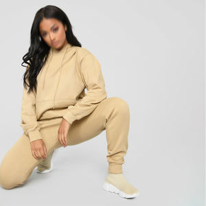 Ensemble de survêtement en molleton d'hiver pour femmes grande taille, sweat-shirt à capuche uni décontracté, logo personnalisé, ensemble de sweat-shirts à capuche en molleton 100% coton - Product Image 3