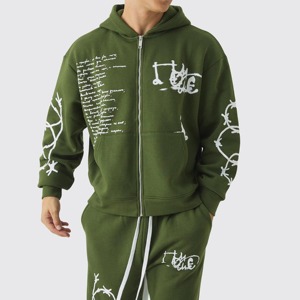 Chándal informal OEM para hombre, chándal de lana de algodón de dos piezas a la moda, cuello con capucha, cremallera, patrón sólido, logotipo personalizado impreso - Product Image 3