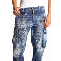 Jean cargo personnalisé pour homme avec strass, patch étoile, multi-poches, effet déchiré, denim délavé vintage, style Y2K, streetwear hip-hop