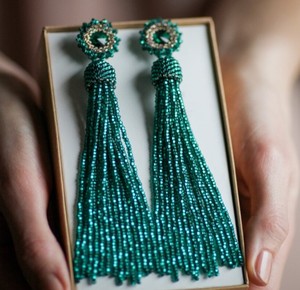 Luxury Quality <b>Emerald</b> Green Beaded Tassel Earrings - Product Image 3